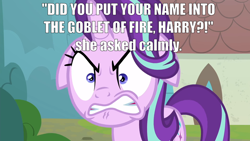 Size: 1280x720 | Tagged: safe, edit, edited screencap, imported from derpibooru, screencap, starlight glimmer, pony, unicorn, season 8, the parent map, spoiler:s08, angry, angry face, ears back, face, female, floppy ears, gritted teeth, harry potter, harry potter (series), house, mare, rage, ragelight glimmer, shitposting, shrunken pupils, sire's hollow, solo, starlight glimmer is not amused, starlight is not amused, text edit, tree, unamused, window