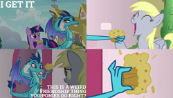 Size: 1986x1117 | Tagged: safe, edit, edited screencap, editor:quoterific, imported from derpibooru, screencap, derpy hooves, princess ember, twilight sparkle, alicorn, dragon, pegasus, pony, triple threat, dragoness, duo, duo female, eyes closed, female, food, muffin, open mouth, twilight sparkle (alicorn)