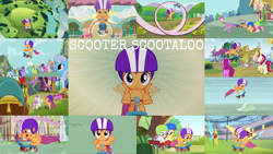 Size: 1978x1113 | Tagged: safe, edit, edited screencap, editor:quoterific, imported from derpibooru, screencap, apple bloom, berry punch, berryshine, cheerilee, cloud kicker, daisy, derpy hooves, flower wishes, lemon hearts, lightning bolt, linky, minuette, prince rutherford, roseluck, sassaflash, scootaloo, sea swirl, seafoam, shoeshine, spike, star bright, sweetie belle, twinkleshine, white lightning, dragon, pegasus, pony, unicorn, yak, equestria games (episode), flight to the finish, growing up is hard to do, newbie dash, on your marks, parental glideance, party pooped, secret of my excess, sleepless in ponyville, surf and/or turf, the cutie mark chronicles, the cutie pox, the show stoppers, bipedal, cutie mark crusaders, eyes closed, female, filly, helmet, high five, loop-de-loop, older, older scootaloo, open mouth, scooter, teeth, waving