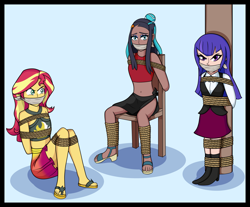 Size: 2813x2332 | Tagged: safe, artist:jubster05, imported from derpibooru, sunset shimmer, human, equestria girls, angry, arm behind back, bondage, bound and gagged, cloth gag, clothes, crossover, dc superhero girls, female, gag, help us, nessa, pokémon, pole tied, rope, rope bondage, sandals, sarong, swimsuit, tied to chair, tied up, trio, trio female, zatanna