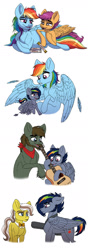 Size: 750x2128 | Tagged: safe, artist:celestial-rainstorm, imported from derpibooru, rainbow dash, scootaloo, oc, oc:ash bark, oc:golden strings, oc:jet stream, pony, acoustic guitar, bowtie, colt, female, guitar, lying down, male, mother and child, mother and son, musical instrument, offspring, parent:diamond tiara, parent:pipsqueak, parent:rainbow dash, parent:soarin', parents:piptiara, parents:soarindash, preggo dash, pregnant, prone, scooter, simple background, white background