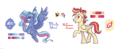 Size: 4000x1600 | Tagged: safe, artist:pidffee, imported from derpibooru, dumbbell, rainbow dash, oc, oc:hotwave season, oc:misty skies, pegasus, pony, bandana, cloud, coat markings, colored wings, cutie mark, dumbdash, female, full body, fullbody, male, mare, multicolored mane, multicolored wings, next generation, offspring, parent:dumbbell, parent:rainbow dash, parents:dumbdash, pegasus oc, ponytail, reference sheet, shipping, siblings, simple background, spots, stallion, straight, white background, wings