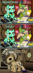 Size: 550x1204 | Tagged: safe, artist:omegacoder-mod, imported from derpibooru, doctor whooves, lyra heartstrings, time turner, oc, oc:omega coder, pony, robot, robot pony, unicorn, ask-omegacoder, lamp