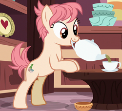 Size: 1036x943 | Tagged: safe, imported from derpibooru, screencap, raspberry vinaigrette, earth pony, pony, discordant harmony, bipedal, bipedal leaning, cup, female, leaning, mare, mouth hold, solo, teacup, teapot