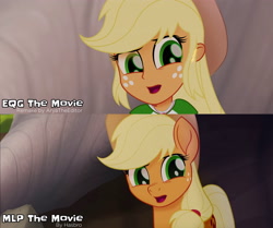 Size: 3726x3120 | Tagged: safe, artist:aryatheeditor, imported from derpibooru, screencap, applejack, earth pony, human, pony, equestria girls, my little pony: the movie, applejack's hat, clothes, comparison, cowboy hat, cute, digital art, equestria girls interpretation, female, geode of super strength, hat, high res, human and pony, jackabetes, magical geodes, mare, movie, movie accurate, movie reference, open mouth, outfit, scene interpretation, screencap reference, shirt