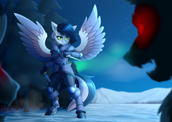 Size: 3377x2387 | Tagged: safe, artist:dipfanken, imported from derpibooru, oc, oc only, anthro, pegasus, wolf, arctic, armor, bipedal, clothes, dagger, forest, high res, open mouth, red eyes, snow, tree, weapon