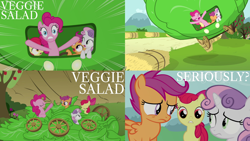 Size: 1986x1117 | Tagged: safe, edit, edited screencap, editor:quoterific, imported from derpibooru, screencap, apple bloom, pinkie pie, scootaloo, sweetie belle, earth pony, pegasus, pony, unicorn, one bad apple, bipedal, bow, cutie mark crusaders, eyes closed, female, food, lettuce, open mouth, teeth, trio, trio female, veggie salad, wheel