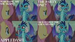 Size: 1986x1117 | Tagged: safe, edit, edited screencap, editor:quoterific, imported from derpibooru, screencap, fluttershy, princess ember, dragon, pegasus, pony, sweet and smoky, caption, dragoness, duo, duo female, eyes closed, female, implied appledash, implied lesbian, implied shipping, open mouth, text