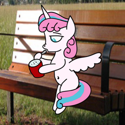 Size: 666x666 | Tagged: safe, alternate version, artist:whistle blossom, imported from derpibooru, princess flurry heart, alicorn, pony, belly button, bench, female, filly, foal, irl, mcdonald's, mcflurry, older, older flurry heart, photo, ponies in real life, sitting, solo