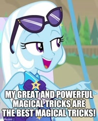 Size: 500x615 | Tagged: safe, imported from derpibooru, trixie, equestria girls, equestria girls series, forgotten friendship, caption, clothes, image macro, imgflip, shitposting loudly, sunglasses, sunglasses on head, swimsuit, text