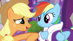 Size: 1280x720 | Tagged: safe, imported from derpibooru, screencap, applejack, rainbow dash, pony, applejack's "day" off, nudge