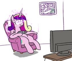 Size: 1021x870 | Tagged: safe, artist:jargon scott, imported from derpibooru, part of a set, princess cadance, alicorn, pony, armchair, chair, cute, cutedance, excited, female, glowing eyes, heart eyes, levitation, magic, mare, princess of love, sitting, solo, telekinesis, television, wingding eyes