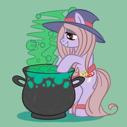 Size: 1080x1080 | Tagged: safe, artist:mediocre.mare, artist:mediocremare, imported from derpibooru, earth pony, pony, bipedal, cauldron, female, green background, grin, hat, little witch academia, mare, ponified, simple background, smiling, solo, sucy manbavaran, witch, witch hat