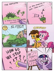 Size: 768x1024 | Tagged: safe, artist:pencils, idw, imported from derpibooru, cheese sandwich, pinkie pie, twilight sparkle, alicorn, earth pony, pony, spoiler:comic, spoiler:comic95, bipedal, comforting, duo, female, freakout, lake, male, mare, mouth hold, muffuleta, preview, sad, season 10, sitting, solo, stallion, sun, twilight sparkle (alicorn), twilighting, unsound effect, waterfall