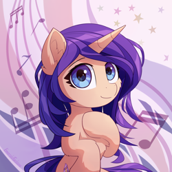 Size: 3000x3000 | Tagged: safe, artist:emeraldgalaxy, imported from derpibooru, oc, oc only, oc:melody verve, pony, unicorn, commission, digital art, female, half body, high res, mare, music notes, simple background, smiley face, smiling