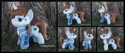 Size: 4133x1754 | Tagged: safe, artist:peruserofpieces, imported from derpibooru, oc, oc only, oc:littlepip, pony, unicorn, fallout equestria, clothes, determined, female, horn, irl, mare, photo, pipbuck, plushie, shirt, smiling, solo, standing, tree, undershirt
