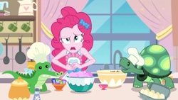 Size: 1366x768 | Tagged: safe, imported from derpibooru, screencap, gummy, pinkie pie, tank, alligator, reptile, tortoise, equestria girls, equestria girls series, the craft of cookies, spoiler:eqg series (season 2), apron, chef's hat, clothes, coffee cup, cup, female, frying pan, geode of sugar bombs, hat, headband, kitchen, looking at you, magical geodes, male, open mouth, plushie, sink, tanktop, tummy ache, window