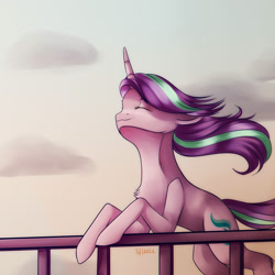 Size: 2000x2000 | Tagged: safe, artist:brilliant-luna, imported from derpibooru, starlight glimmer, pony, unicorn, cloud, cute, eyes closed, female, fence, glimmerbetes, mare, smiling, solo, solo female, sunset, windswept mane