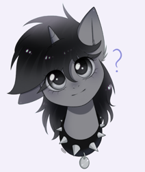 Size: 1295x1530 | Tagged: safe, artist:vaiola, imported from derpibooru, oc, oc only, oc:howl, pony, unicorn, advertisement, behaving like a dog, big eyes, bust, collar, commission, cute, eye clipping through hair, eyelashes, female, head only, head tilt, horn, looking at you, mare, one ear down, pet play, pet tag, portrait, simple background, smiling, solo, watermark, ych result
