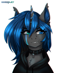 Size: 1500x1800 | Tagged: safe, artist:serodart, imported from derpibooru, oc, oc only, oc:nightfall, pony, unicorn, bust, clothes, collar, commission, ear fluff, fangs, female, heterochromia, hoodie, horn, portrait, simple background, solo, white background