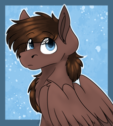 Size: 1176x1314 | Tagged: safe, artist:rokosmith26, imported from derpibooru, oc, oc only, oc:hell berry, pegasus, pony, blue background, blue eyes, chest fluff, long hair, long mane, looking up, male, simple background, solo, stallion, wings