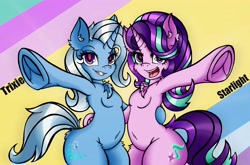 Size: 4096x2710 | Tagged: safe, alternate version, artist:canvymamamoo, imported from derpibooru, imported from ponybooru, starlight glimmer, trixie, anthro, semi-anthro, unicorn, abstract background, belly button, bipedal, breasts, chest fluff, duo, duo female, ear fluff, ears, female, frog (hoof), grin, looking at you, mare, open mouth, raised hoof, raised leg, smiling, text, underhoof