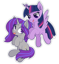 Size: 1025x1101 | Tagged: safe, imported from derpibooru, twilight sparkle, oc, oc:krya, alicorn, pony, unicorn, :p, cute, flying, hooves up, ocbetes, png, simple background, sitting, sticker, tongue out, transparent background, twilight sparkle (alicorn)