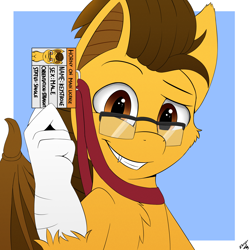 Size: 2000x2000 | Tagged: safe, artist:h3nger, imported from derpibooru, oc, oc only, oc:keystroke, bat pony, hybrid, pony, bat pony oc, bat wings, cheek fluff, chest fluff, fangs, folded wings, glasses, grin, high res, horny on main, id card, looking at you, male, signature, smiling, solo, wings
