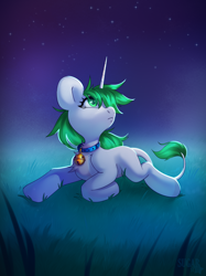 Size: 2900x3867 | Tagged: safe, artist:sugarstar, imported from derpibooru, oc, oc only, oc:sugarstar, pony, unicorn, absurd resolution, collar, female, high res, lying down, night, simple background, solo, stars, teary eyes