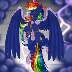 Size: 6890x6890 | Tagged: safe, artist:creed larsen, imported from derpibooru, rainbow dash, pegasus, pony, armor, fangs, language, long mane, long tail, nightmare rainbow dash, nightmarified, open mouth, thunderstorm, wings