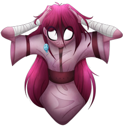 Size: 2617x2665 | Tagged: safe, artist:mywasasi, imported from derpibooru, pinkie pie, equestria girls, :c, balloon, bandage, creepy, ear piercing, earring, frown, hands on head, jewelry, loose hair, piercing, pinkamena diane pie, shrunken pupils, simple background, solo, transparent background
