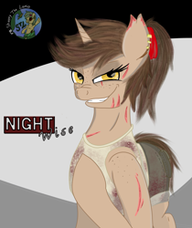 Size: 2203x2627 | Tagged: safe, artist:shappy the lamia, imported from derpibooru, oc, oc:nightwise, lamia, original species, pony, snake, snake pony, unicorn, blood, clothes, ear piercing, earring, engineer, jeans, jewelry, logo, pants, piercing, pigtails, scar, sexy, shirt, shorts, text, yellow eyes