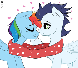 Size: 1951x1707 | Tagged: safe, artist:moon_emili, imported from derpibooru, rainbow dash, soarin', clothes, female, heart, hearts and hooves day, male, scarf, shared clothing, shared scarf, shipping, soarindash, straight