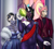 Size: 2550x2272 | Tagged: safe, artist:askbubblelee, imported from derpibooru, imported from ponybooru, oc, oc only, oc:demetrius crow, oc:jasper quartz, oc:starling quartz, anthro, bat pony, bat pony unicorn, hybrid, unguligrade anthro, unicorn, anthro oc, clothes, digital art, dress, fangs, female, grand galloping gala, heterochromia, horn, male, mare, scar, stallion, story in the source, trio, unicorn oc