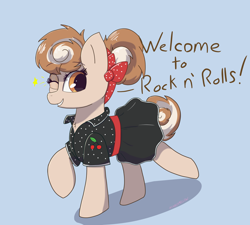 Size: 2408x2172 | Tagged: safe, artist:marshmallowfluff, imported from derpibooru, oc, oc only, oc:cinnamon spangled, earth pony, pony, clothes, looking at you, one eye closed, text, wink