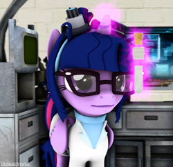 Size: 2160x2095 | Tagged: safe, alternate version, artist:arcanetesla, imported from derpibooru, sci-twi, twilight sparkle, oc, alicorn, pony, 3d, clothes, glasses, lab coat, laboratory, sfm pony, solo, source filmmaker, twilight sparkle (alicorn)