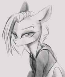 Size: 1000x1186 | Tagged: safe, artist:_quantumness_, imported from derpibooru, oc, oc only, earth pony, pony, bust, clothes, earth pony oc, eyelashes, grayscale, hoodie, monochrome, solo, traditional art