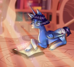 Size: 1600x1453 | Tagged: safe, artist:venera___o, imported from derpibooru, oc, oc only, alicorn, pony, alicorn oc, book, bookshelf, glasses, hoof polish, horn, library, lying down, prone, reading, solo, wings