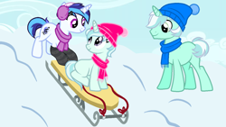 Size: 1280x720 | Tagged: safe, artist:idkhesoff, imported from derpibooru, oc, oc only, oc:melodic dreams, oc:riski alpine, oc:slippery slope (ice1517), earth pony, pony, unicorn, icey-verse, beanie, blank flank, brother and sister, clothes, commission, earmuffs, female, hat, magical lesbian spawn, male, mare, multicolored hair, offspring, parent:double diamond, parent:lyra heartstrings, parent:octavia melody, parent:vinyl scratch, parents:lymond, parents:scratchtavia, scarf, siblings, sled, snow, socks, stallion, striped socks, trio, twins, ych result