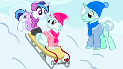 Size: 1280x720 | Tagged: safe, alternate version, artist:idkhesoff, imported from derpibooru, oc, oc only, oc:melodic dreams, oc:riski alpine, oc:slippery slope (ice1517), earth pony, pony, unicorn, icey-verse, beanie, blank flank, brother and sister, clothes, coat, commission, earmuffs, female, hat, magical lesbian spawn, male, mare, multicolored hair, offspring, parent:double diamond, parent:lyra heartstrings, parent:octavia melody, parent:vinyl scratch, parents:lymond, parents:scratchtavia, scarf, siblings, sled, snow, socks, stallion, striped socks, trio, twins, ych result