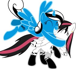 Size: 937x852 | Tagged: safe, artist:emalajiss36, imported from derpibooru, oc, oc only, oc:emala jiss, oc:miss smile, alicorn, pegasus, pony, alicorn oc, base used, coat markings, duo, eyelashes, eyes closed, female, flying, grin, horn, hug, mare, pegasus oc, raised hoof, simple background, smiling, socks (coat marking), socks (coat markings), white background, wings