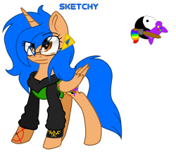 Size: 2412x2073 | Tagged: safe, artist:juliet-gwolf18, imported from derpibooru, oc, oc only, oc:sketchy, alicorn, pony, alicorn oc, clothes, ear piercing, eyelashes, female, glasses, hoodie, horn, mare, paintbrush, piercing, reference sheet, simple background, solo, tattoo, transparent background, triforce, wings, yin-yang