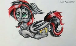 Size: 1024x621 | Tagged: safe, artist:maryhoovesfield, imported from derpibooru, oc, oc only, bat pony, pony, bat pony oc, bat wings, ponyloaf, signature, solo, traditional art, wings