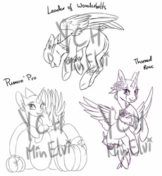 Size: 1024x1111 | Tagged: safe, artist:minelvi, imported from derpibooru, oc, alicorn, pegasus, pony, alicorn oc, commission, eyelashes, flower, flower in hair, flying, horn, lineart, monochrome, pegasus oc, pumpkin, smiling, wings, your character here
