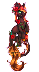 Size: 2310x4237 | Tagged: safe, artist:minelvi, imported from derpibooru, oc, oc only, oc:thorn rose, pony, unicorn, commission, flower, flower in hair, grin, horn, leonine tail, rose, signature, simple background, smiling, solo, transparent background, unicorn oc, ych result