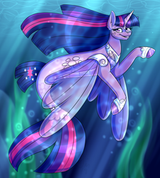 Size: 1800x2000 | Tagged: safe, artist:sinligereep, imported from derpibooru, twilight sparkle, alicorn, pony, seapony (g4), bubble, clothes, crepuscular rays, dorsal fin, eyelashes, female, fin wings, fish tail, flowing mane, flowing tail, hoof shoes, horn, long mane, looking at you, ocean, purple eyes, seaponified, seapony twilight, seaweed, see-through, smiling, solo, species swap, sunlight, swimming, tail, twilight sparkle (alicorn), underwater, water, wings
