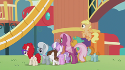 Size: 1000x563 | Tagged: safe, imported from ponybooru, screencap, cheerilee, diamond tiara, pipsqueak, silver spoon, snails, snips, twist, earth pony, pegasus, pony, unicorn, crusaders of the lost mark, back focus, butt, female, playground, school