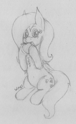 Size: 1651x2690 | Tagged: safe, artist:wapamario63, imported from ponybooru, fluttershy, pegasus, pony, apple, cute, fangs, female, food, looking at you, mare, monochrome, shyabetes, sitting, sketch, solo, traditional art