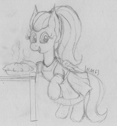 Size: 1821x1971 | Tagged: safe, artist:wapamario63, imported from ponybooru, fluttershy, pegasus, pony, alternate hairstyle, apron, clothes, cute, dress, female, food, looking at you, mare, monochrome, pie, ponytail, sketch, solo, traditional art