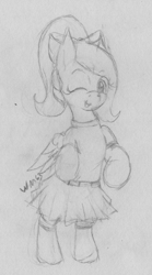 Size: 1270x2279 | Tagged: safe, artist:wapamario63, imported from ponybooru, fluttershy, pegasus, pony, alternate hairstyle, bipedal, bow, clothes, cute, female, looking at you, mare, monochrome, shyabetes, sketch, skirt, socks, solo, traditional art, winking at you